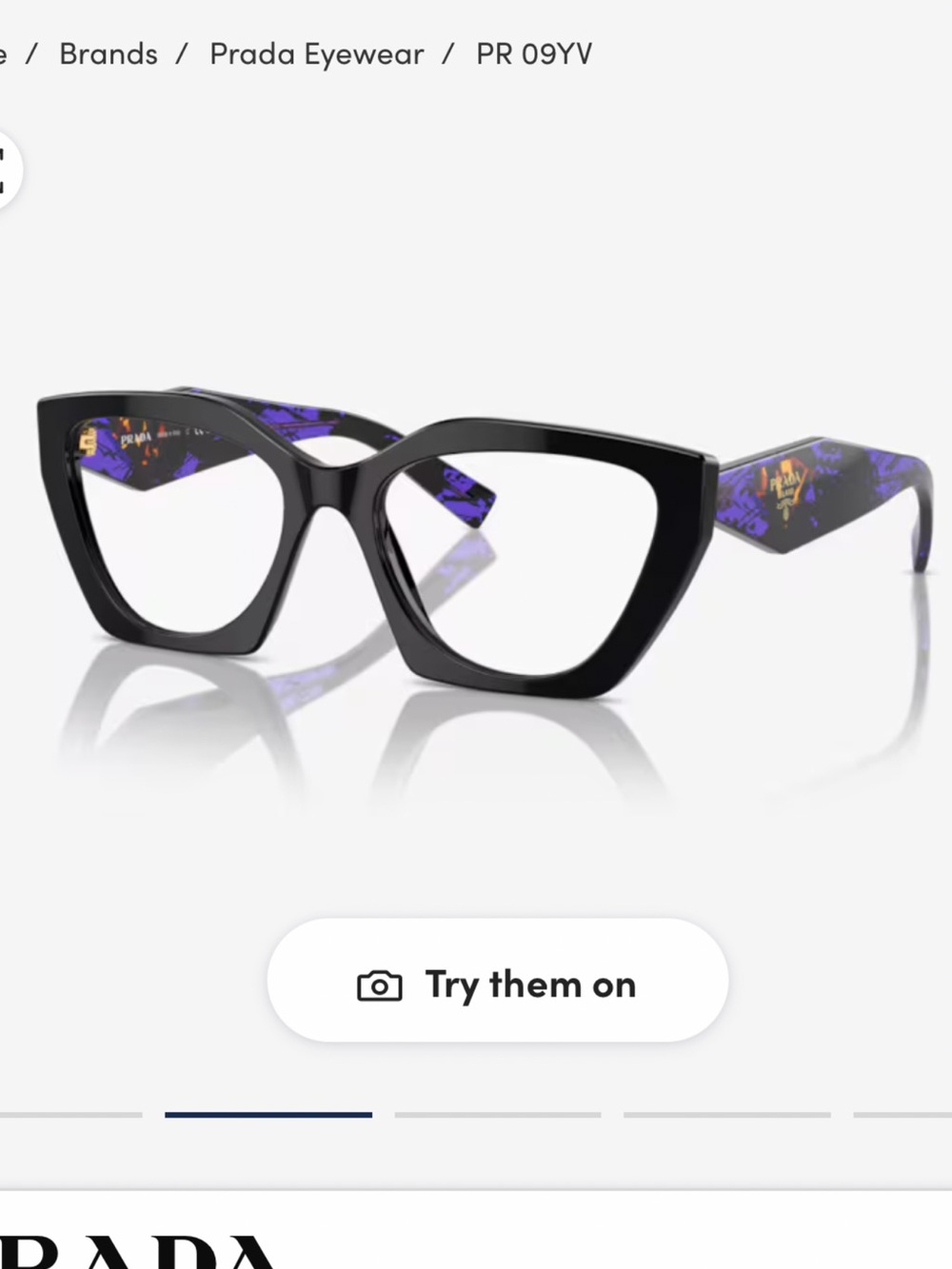 Prada Black Cat-Eye Glasses with Purple Patterned Temples